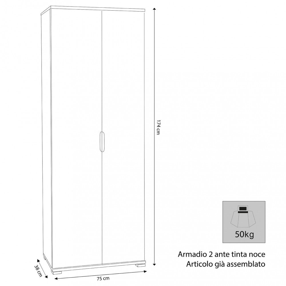 LEWIS 2-DOOR WARDROBE 180 NATURAL. Dimensions: 75 x 38 x 174 h cm.