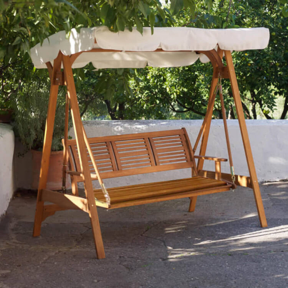 DONDOLO Quito 3 POSTI. Legno di Acacia massiccio copertura in POLIESTERE Dimensioni: cm 206 x 130 x 200 h. Arredo Giardino