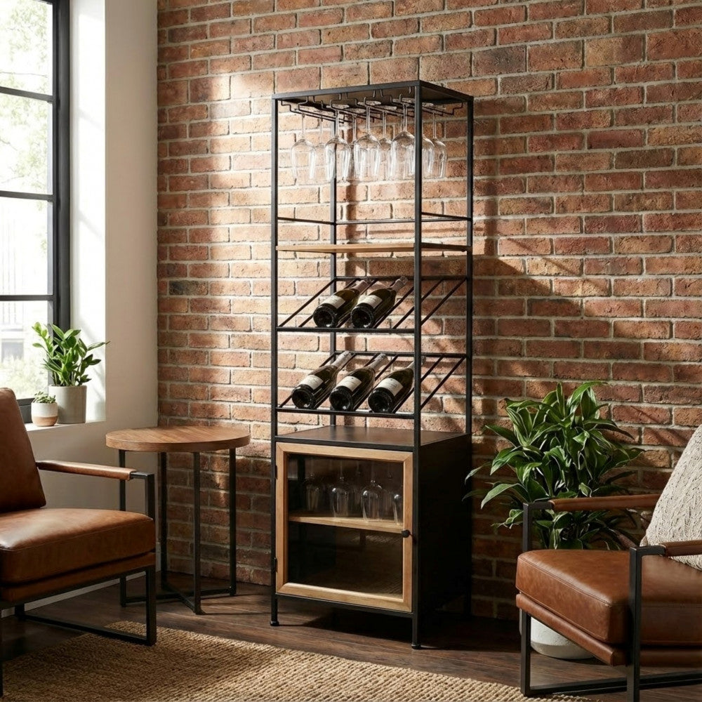 MOBILE MIK. Mobile in ferro e legno con 1 anta, porta bottiglie e porta bicchieri Dimensioni: cm 51,50 x 41 x 165,50 h.