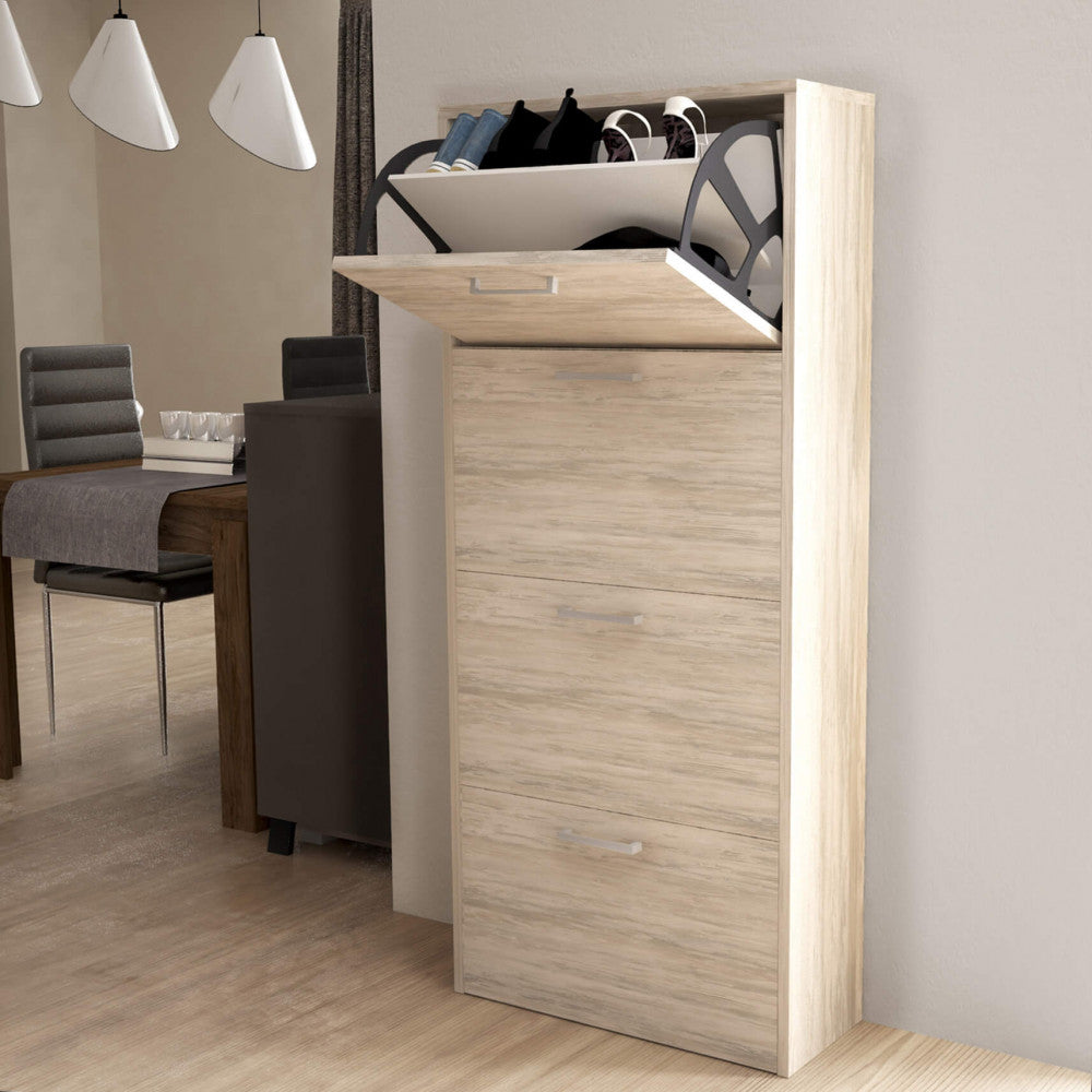 MOLLY SHOE RACK WITH 4 FLAP DOORS IN LIGHT PINE. Shoe rack in LIGHT PINE wood, 16 mm thick. Dimensions: 59 x 25 x 140 cm.