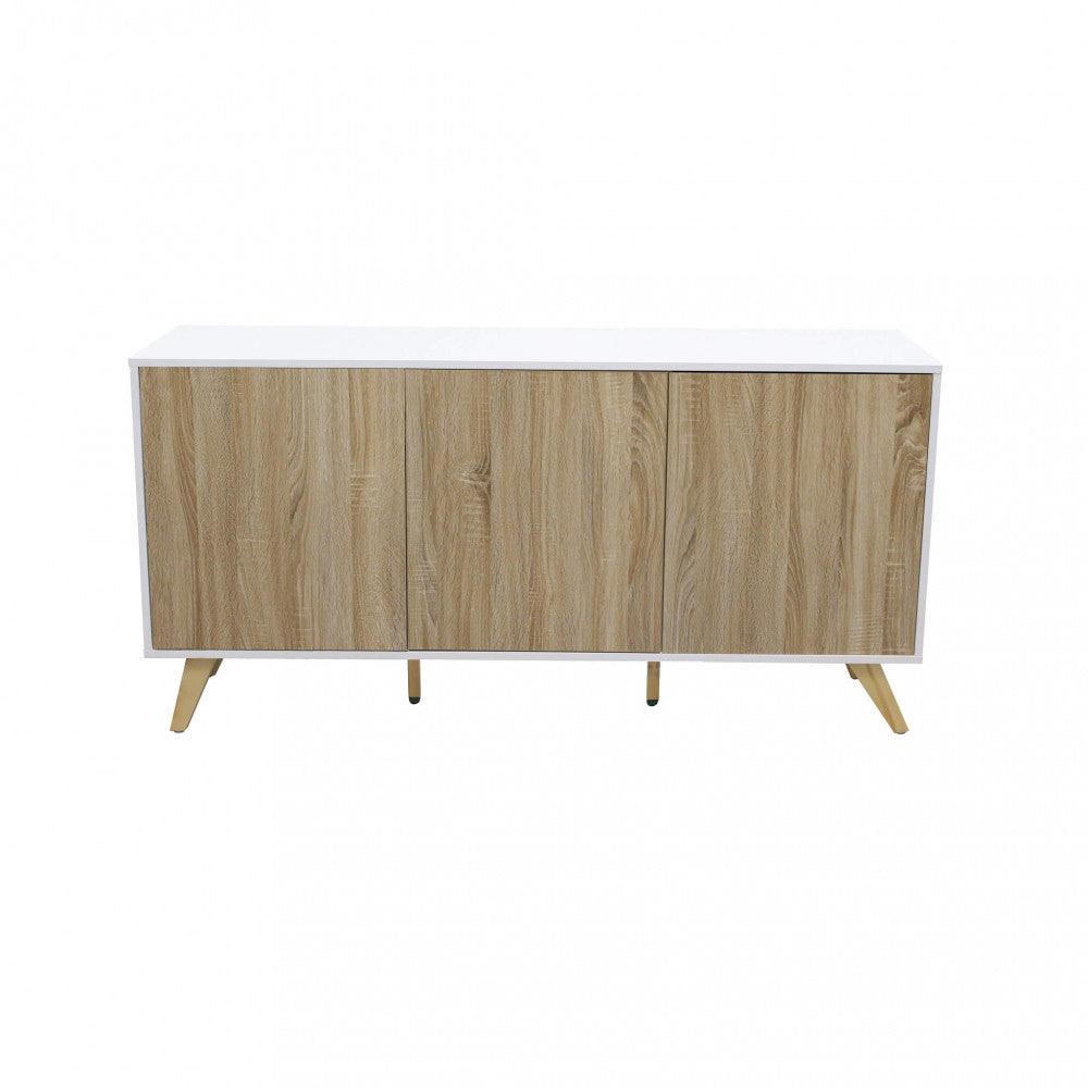 ELTON WHITE AND NATURAL CABINET. Melamine cabinet with 3 natural doors, white or dark grey frame. Dimensions: 150 x 39.5 x 75 h.