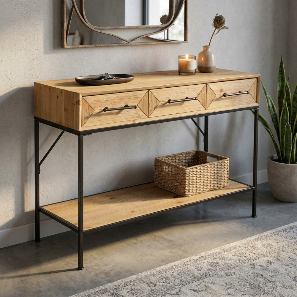 MOBILE BRENDAN. Mobile in ferro e legno con 2 ripiani e 3 cassetti Dimensioni: cm 110,50 x 40 x 76 h.