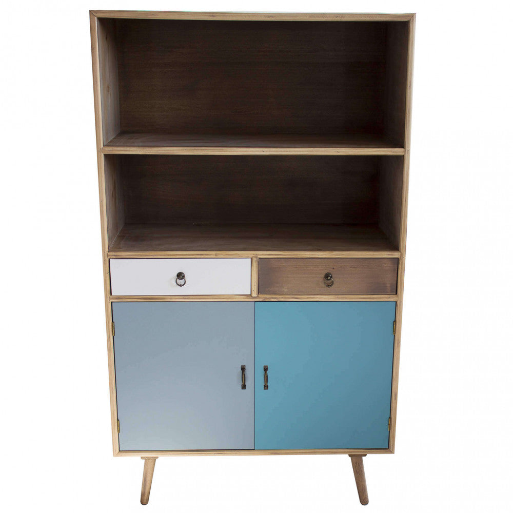 MOBILETTO BARRIE. Struttura in MDF, gambe in legno di pino, top colore NATURALE 2 ripiani, 2 ante e 2 cassetti colorati Dimensioni: cm 80 x 35 x 140 h.