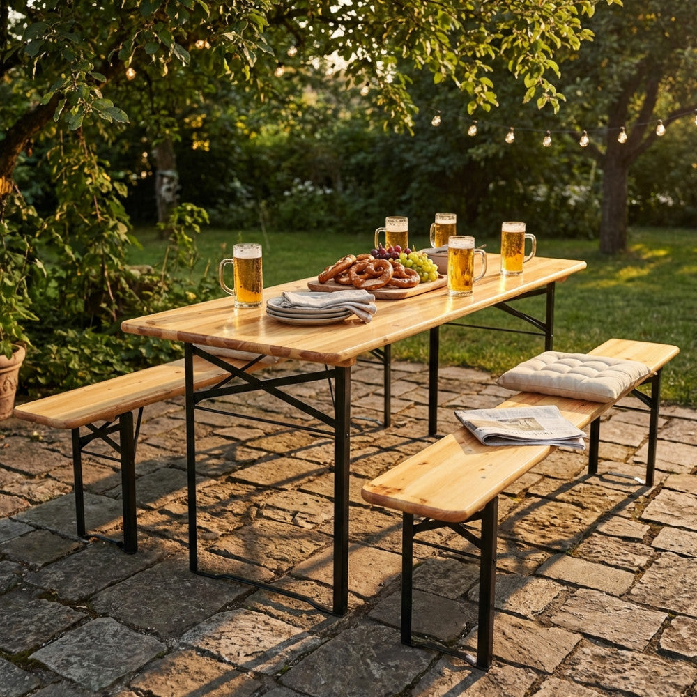SET BIRRERIA 220 X 70. Legno di abete 28 mm doppia verniciatura panche con due piedi Dimensioni: T.220x70x75/P.220x25x45. Arredo Giardino