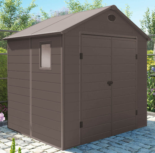 CASETTA HOME 190 X 192 X 226. Casetta in plastica con finestra MARRONE o GRIGIO CHIARO Dimensioni: cm 190 x 192 x 226 h. Arredo Giardino
