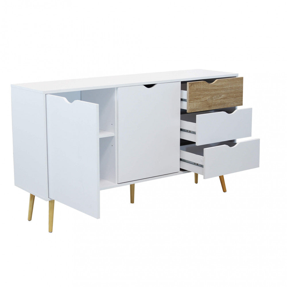 MOBILE BRADLEY. Mobile con 2 ante e 3 cassetti in legno bianco e naturale Dimensioni: cm 147 x 39 x 82 h.
