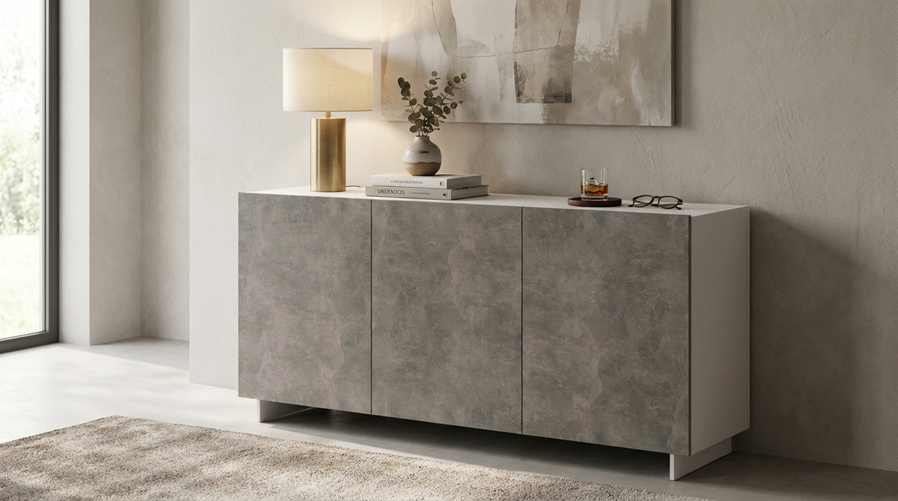 CREDENZA CARLILE BIANCO E GRIGIO EFFETTO CEMENTO. Credenza in legno BIANCO e GRIGIO EFFETTO CEMENTO Dimensioni: cm 150 x 40 x 76 h.