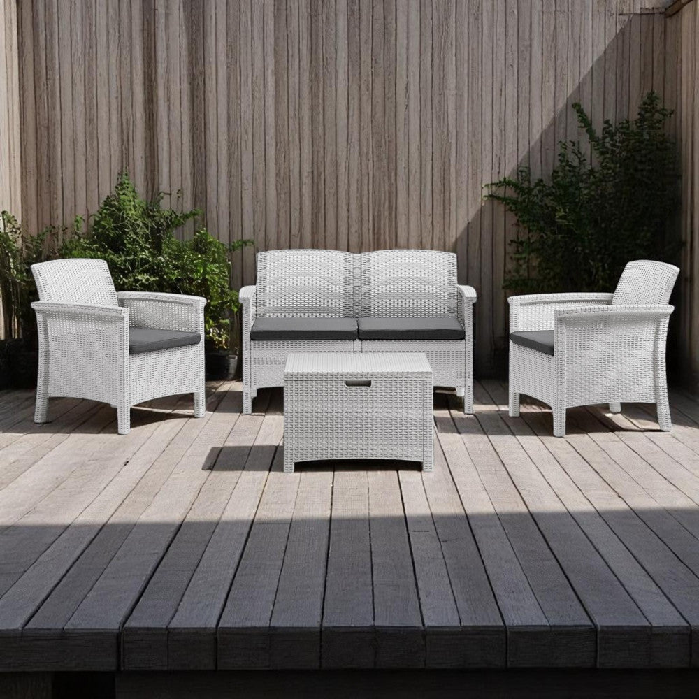 SALOTTO VENEZIA 2 P C/CUSCINI. Struttura in plastica stampata, wicker BIANCO, NERO, o TAUPE con cuscini Dimensioni: D.117x64,5x76/P.63x64,5x76/T60x54,5x40,5. Arredo Giardino