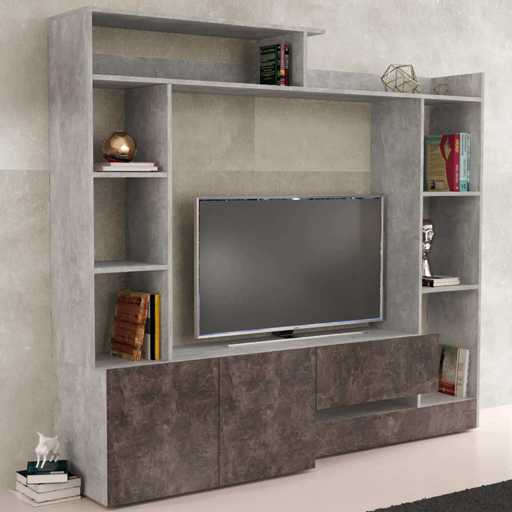 ENTRY LIVING ROOM WALL IN GREY CONCRETE EFFECT AND DARK GREY CONCRETE EFFECT. Wooden wall in GREY CONCRETE EFFECT and DARK GREY CONCRETE EFFECT. Dimensions: 180 x 28/40 x 165 cm.