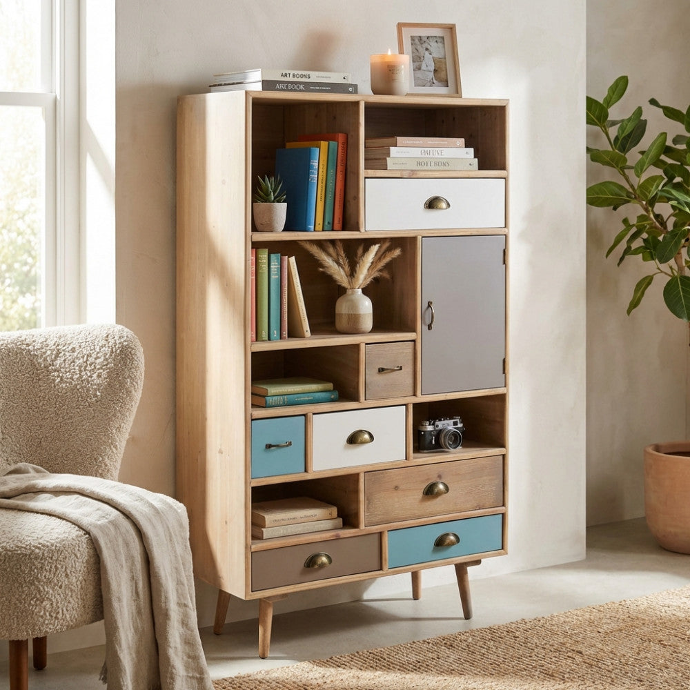 MOBILETTO PERTH. Struttura in MDF, gambe in legno di pino, top colore NATURALE 6 ripiani e 1 anta, 7 cassetti colorati Dimensioni: cm 80 x 36,5 x 139 h.