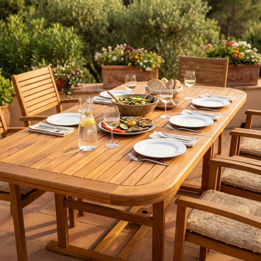 WEST RECTANGULAR TABLE 150/200X90 DOUBLE. Solid acacia wood, 44 mm thick, double edge. Dimensions: 150/200 cm x 90 x 74 h. Garden furniture.