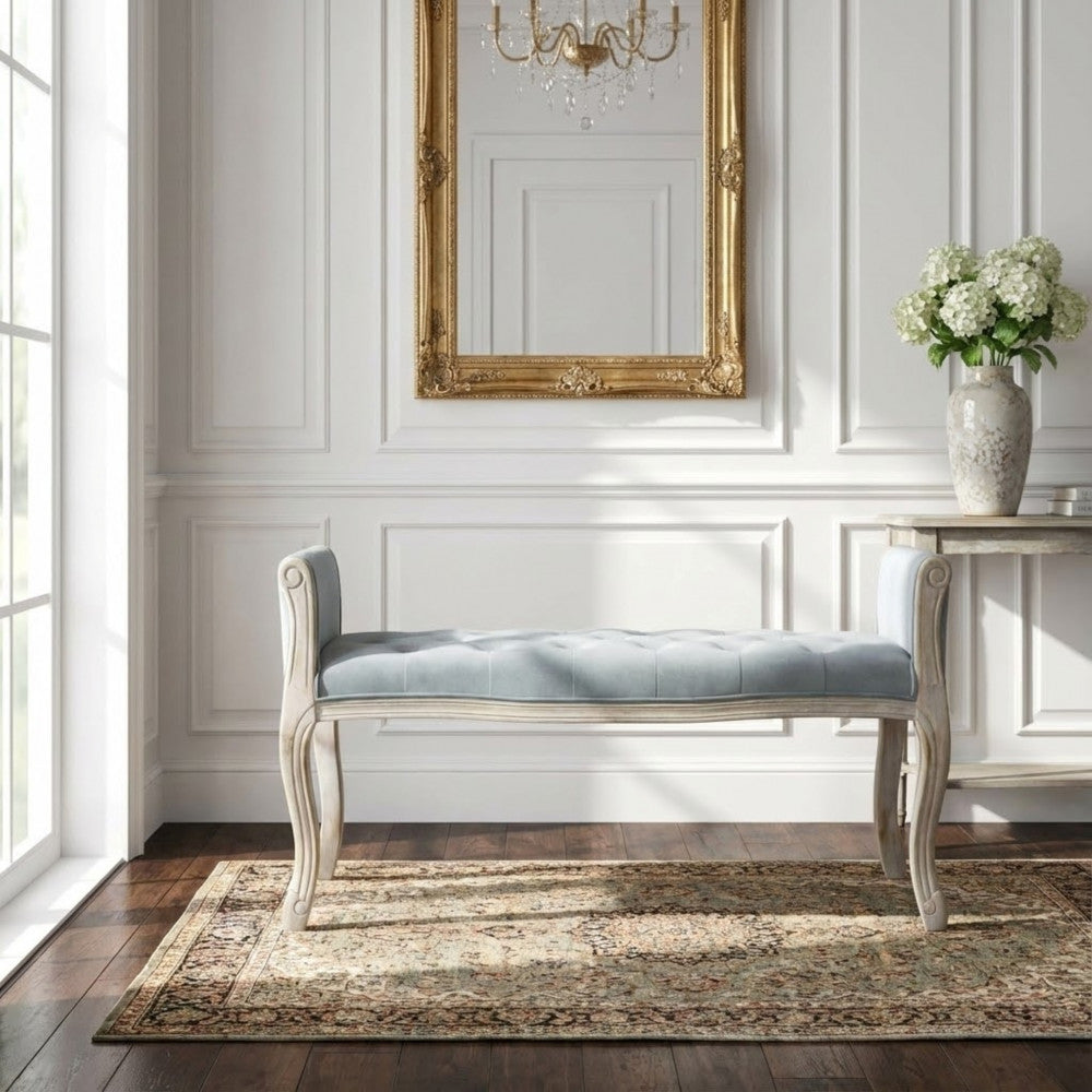 MADELYN BENCH IN GREY VELVET. Dimensions: 113 x 48 x 45/60 h cm.