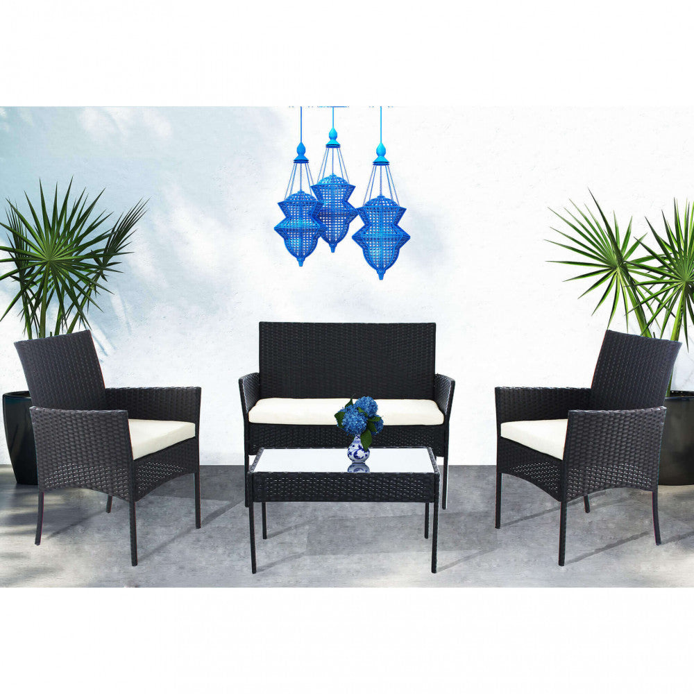 SALOTTO SMONTABILE CARACAS 2 P C/CUSCINI. Struttura in metallo, wicker GRIGIO o MARRONE materiale UV protection cuscini spessore 4 cm, vetro tavolino 5 mm Dimensioni: D.103x56x80/P.58x56x80/T.71x41x39. Arredo Giardino