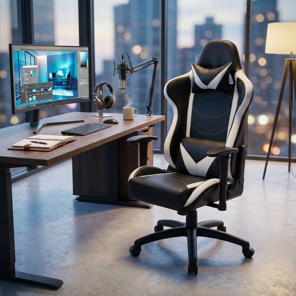 POLTRONA DA GAMING FALLOUT BIANCA E NERA. Dimensioni: Cm 69,5 x 71,5 x 121-129 h.