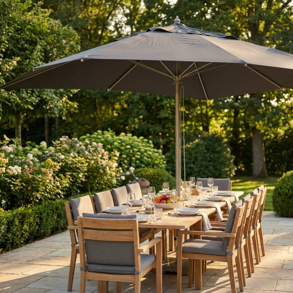 ANDROMEDA P/C ALUMINUM UMBRELLA 3 X 4. LIGHT or DARK GREY 180 g polyester canopy with valance, 48 mm anodized aluminum pole, brushed walnut steel finish, 115 mm aluminum 8 17 x 22 mm aluminum ribs. Dimensions: 3 x 4 m. Arre...