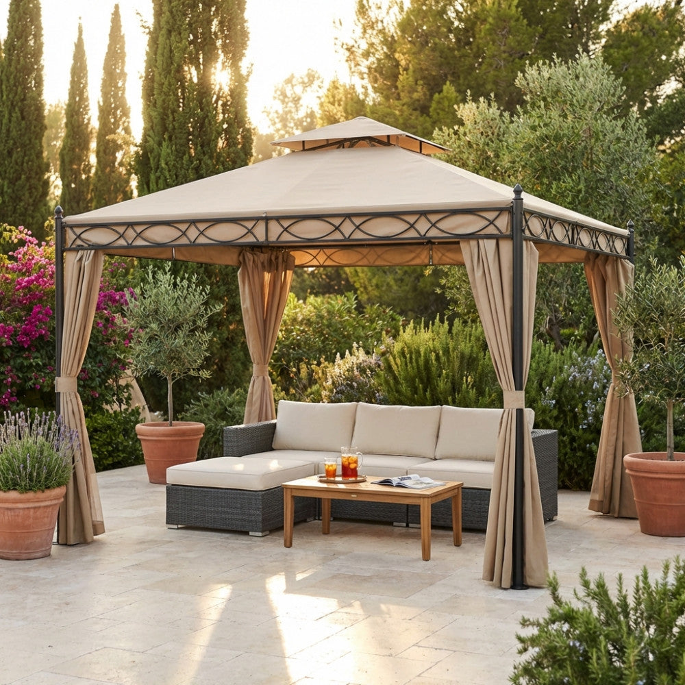 GAZEBO KARNAK 3 X 4. Canvas and sides in BEIGE polyester 200-160 gr + mosquito net, structure in BLACK painted steel, legs tube 0 mm 70 x 1.2 - cover mm 15x15/18x18 Dimensions: m 3 x 4 x 2.60 h. Garden furniture