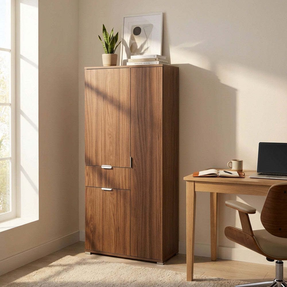 ECO WARDROBE WITH 3 DOORS AND 1 DRAWER, WALNUT COLOR. Dimensions: 75 x 38 x 174 cm h.