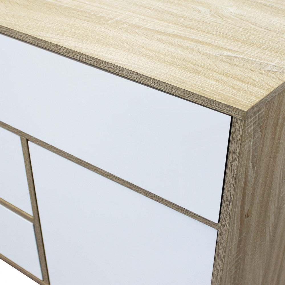 MOBILE EMORY BIANCO E NATURALE. Mobile in melammina con 1 ante, 3 cassetti e 1 ripiano naturali, struttura bianca o grigio scura Dimensioni: 119 x 39,5 x 85,6 h.