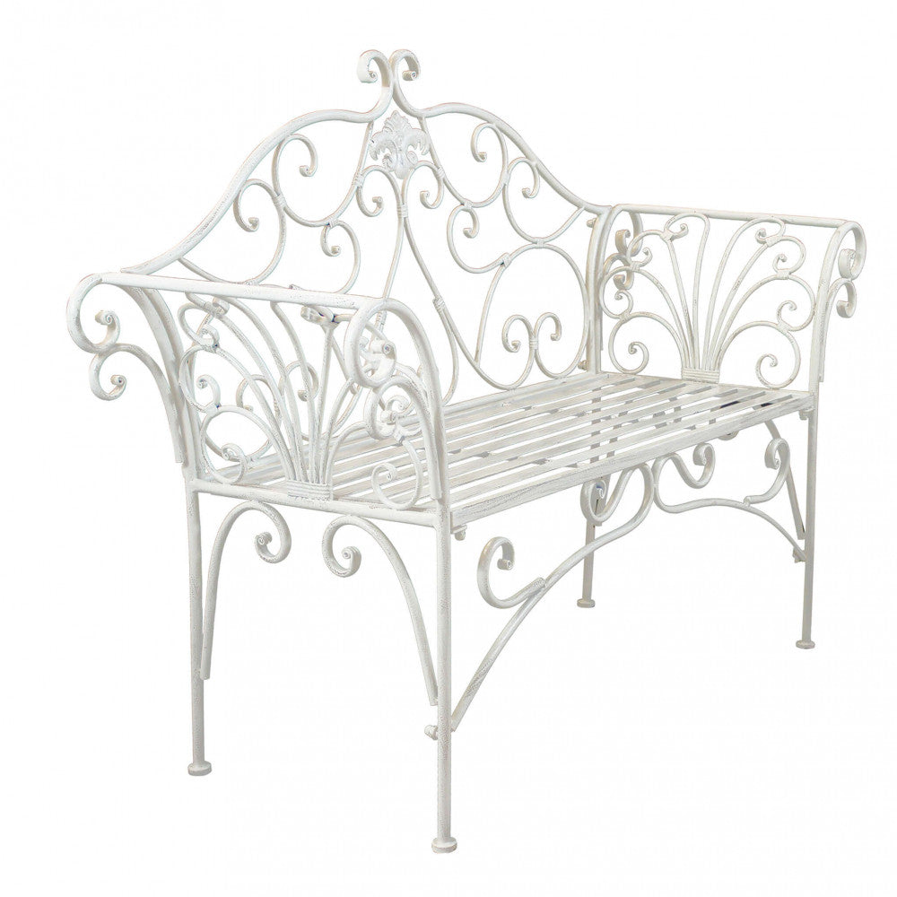 ELOISE ANTIQUE WHITE BENCH. Powder-coated metal bench in WHITE with electrophoresis treatment. Dimensions: 136 x 46 x 96 cm. Garden furniture.