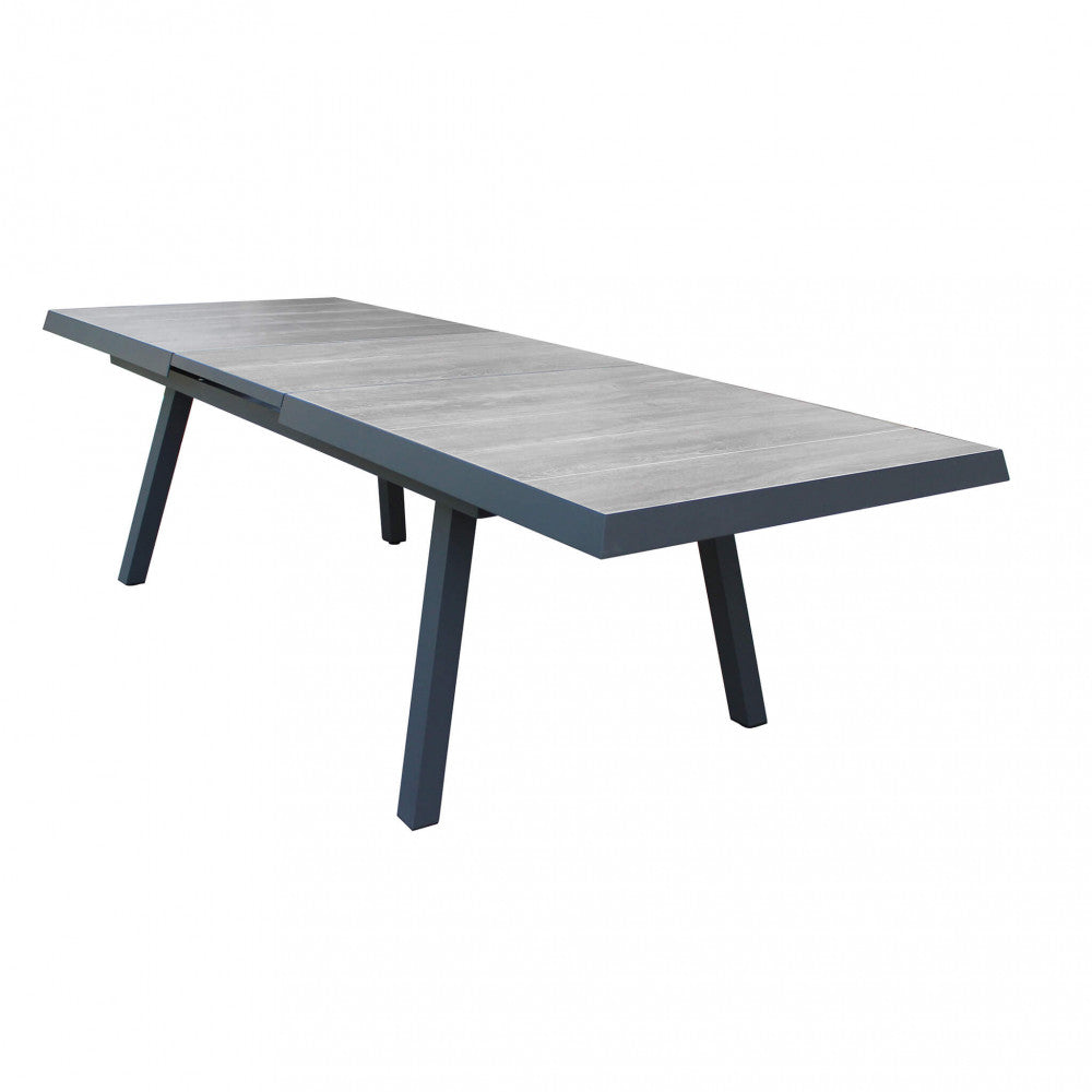 SEATTLE TABLE 205/265 X 105. Structure in ANTHRACITE, TAUPE or WHITE aluminum, table top in GREY wood-effect ceramic in NATURAL taupe. Dimensions: cm 205/265 x 105 x 75 h. Garden Furniture
