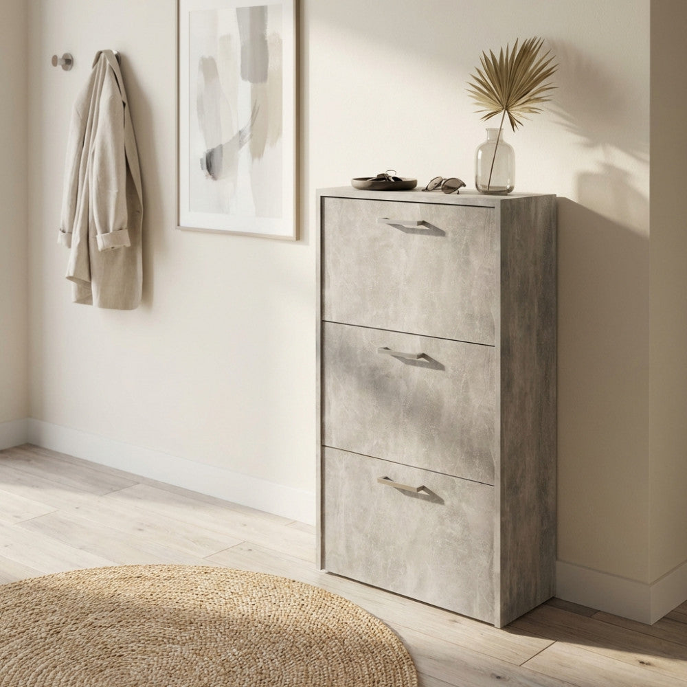 MOLLY SHOE RACK WITH 3 FLAP-DOORS, GREY CONCRETE EFFECT. 16 mm thick GREY CONCRETE EFFECT wooden shoe rack. Dimensions: 59 x 25 x 105 cm h.