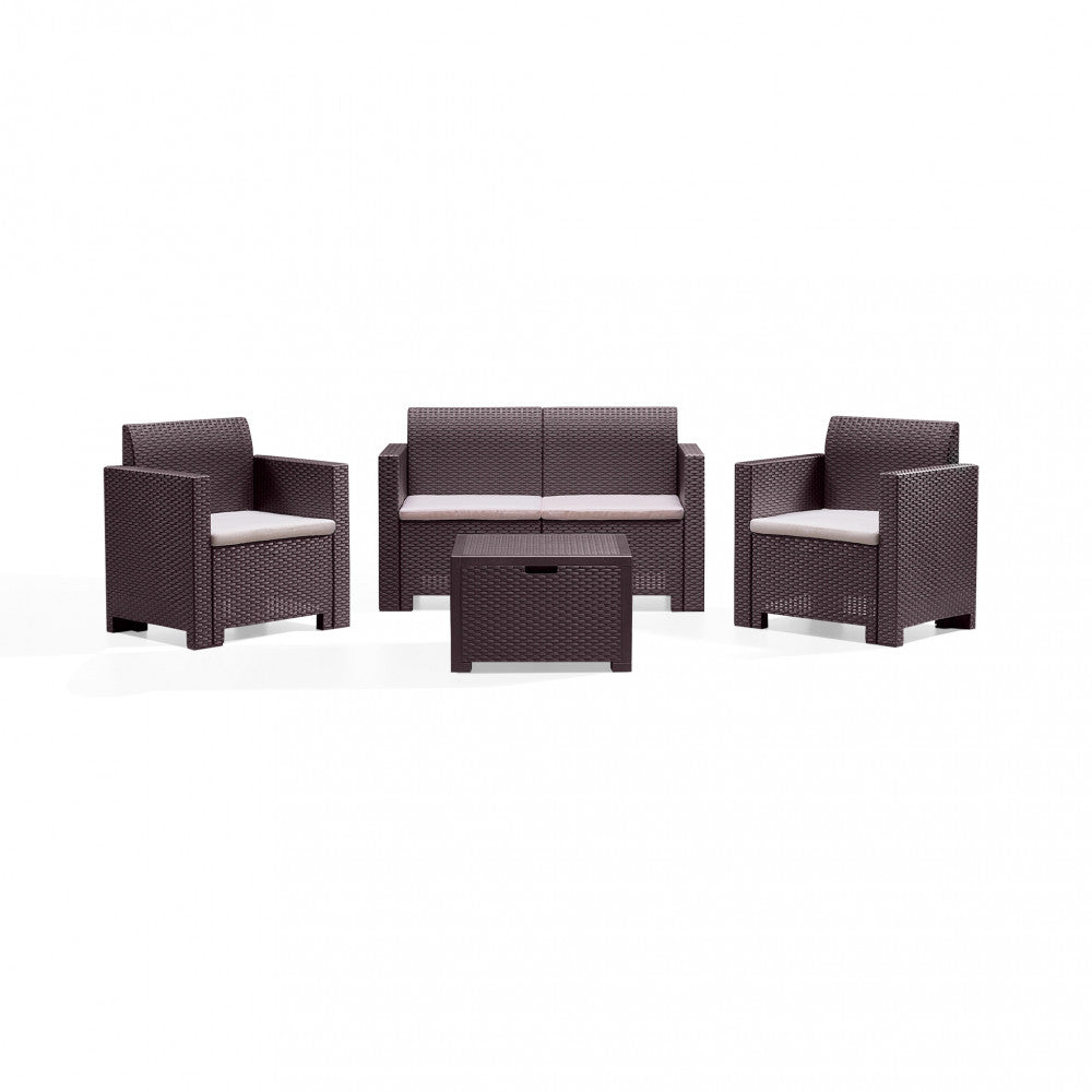 SALOTTO NEBRASKA 2 P C/CUSCINI. Struttura in plastica stampata wicker, montaggio ad incastro. Arredo Giardino