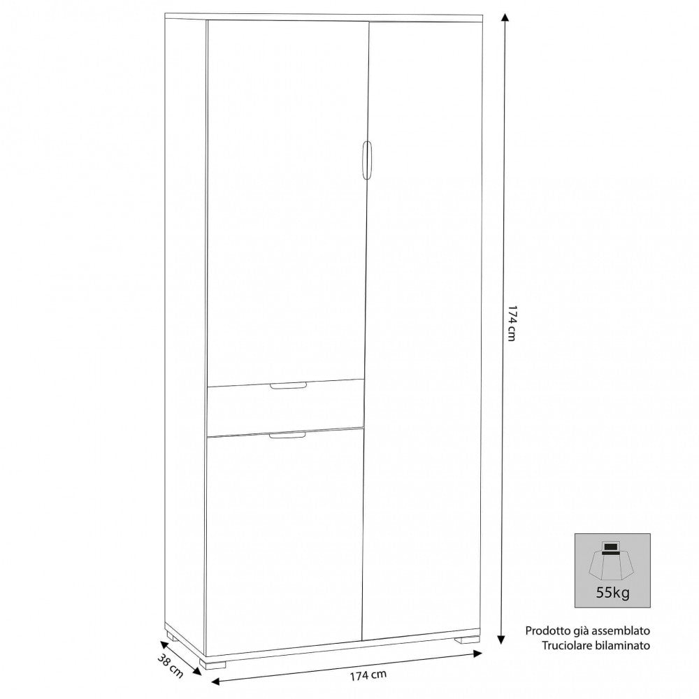 ECO WARDROBE WITH 3 DOORS AND 1 DRAWER, WALNUT COLOR. Dimensions: 75 x 38 x 174 cm h.