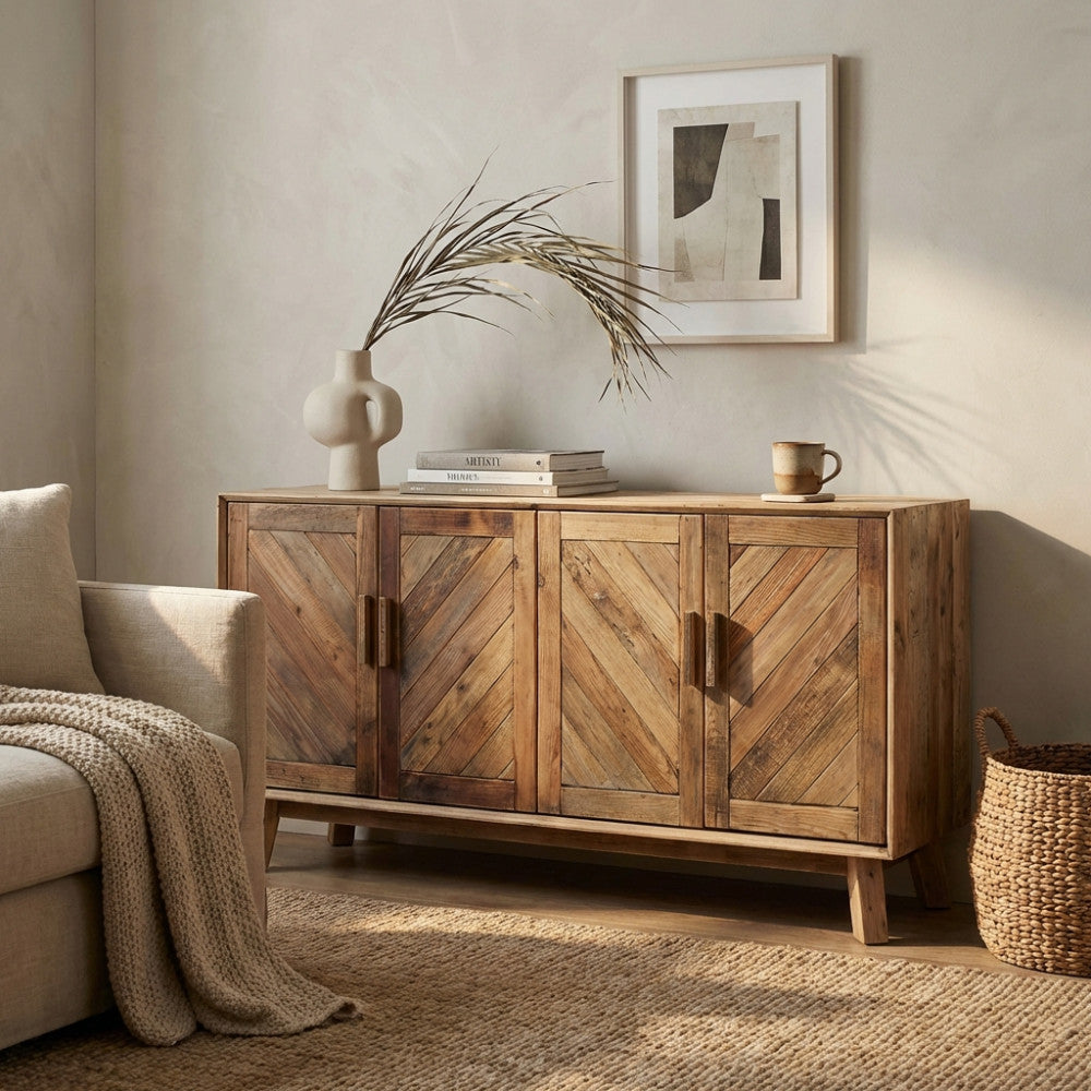 ROLAND SIDEBOARD. Sideboard with 4 doors in recycled pine wood. Dimensions: 180 x 48 x 85 cm.