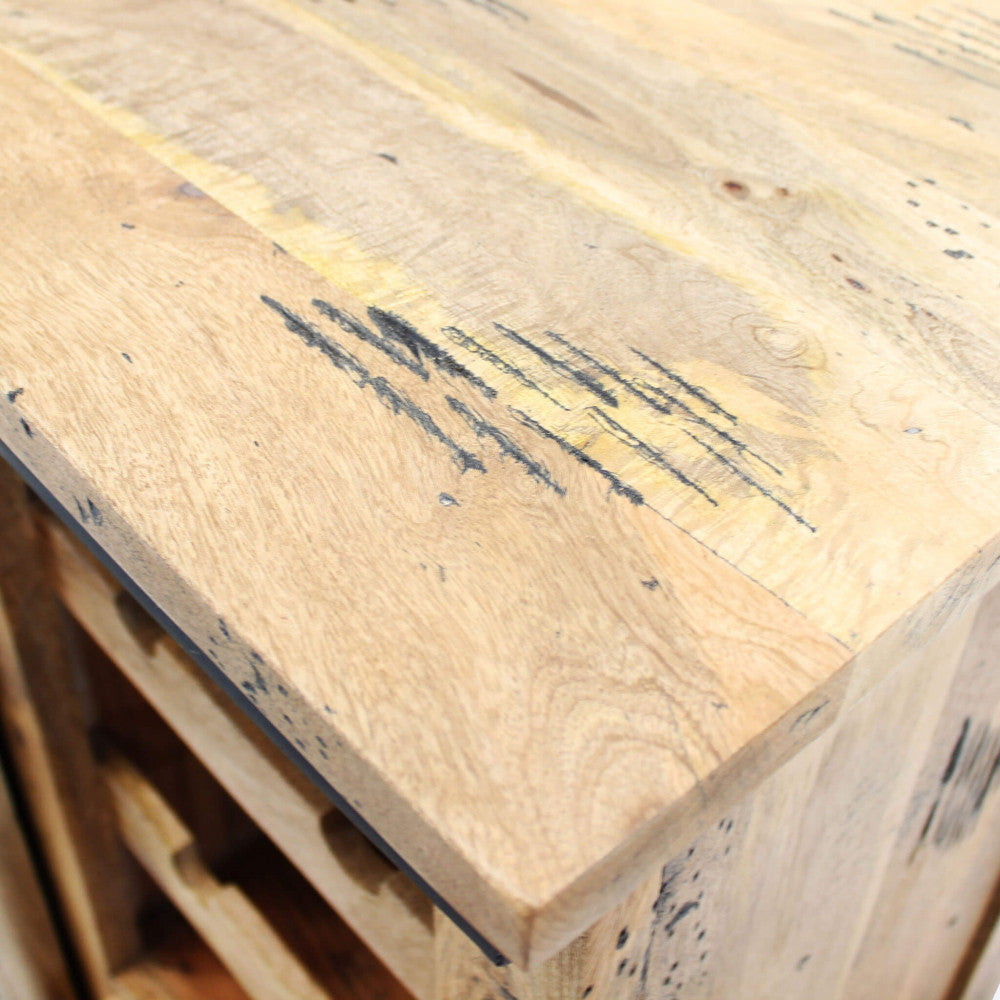 WINE CELLAR. Mango wood wine cellar with 1 sliding door, 2 shelves, 2 drawers and bottle holder. Dimensions: 90 x 45 x 100 cm.