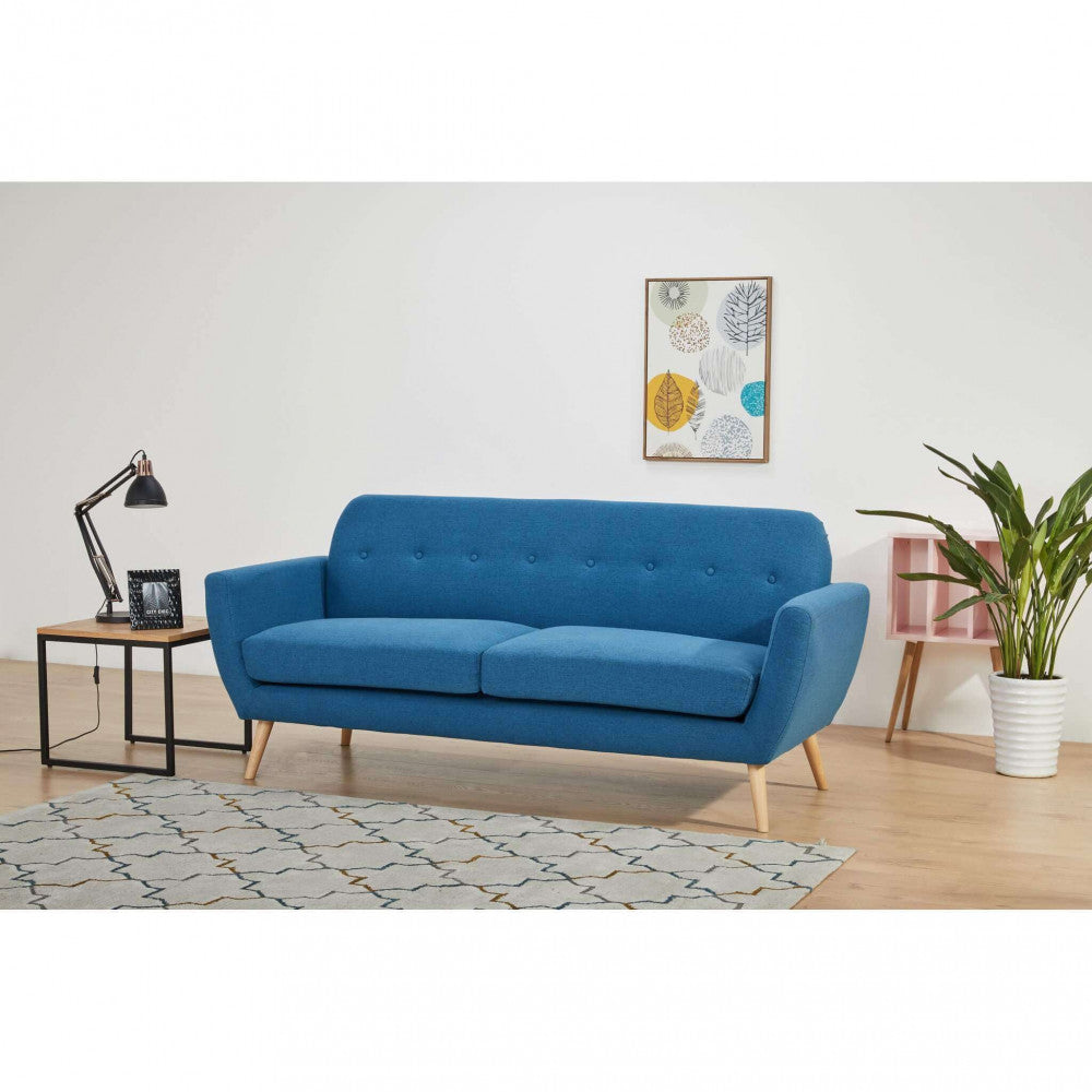 BURTON 3-SEATER SOFA. LIGHT GREY, DARK GREY, or BLUE sofa with buttons and polypropylene legs. Dimensions: 193 x 79 x 86 cm.