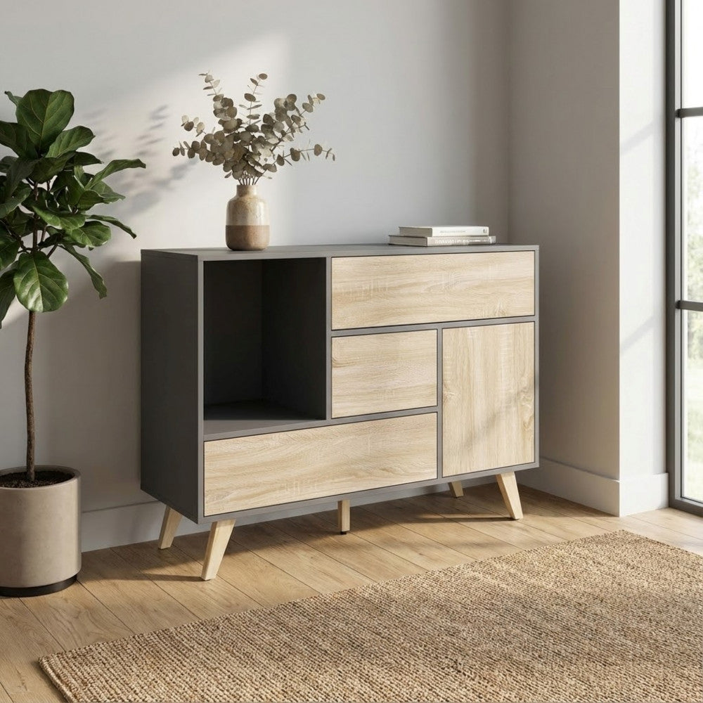 EMORY GREY AND NATURAL CABINET. Melamine cabinet with 1 door, 3 drawers and 1 shelf, natural structure, white or dark grey. Dimensions: 119 x 39.5 x 85.6 h.