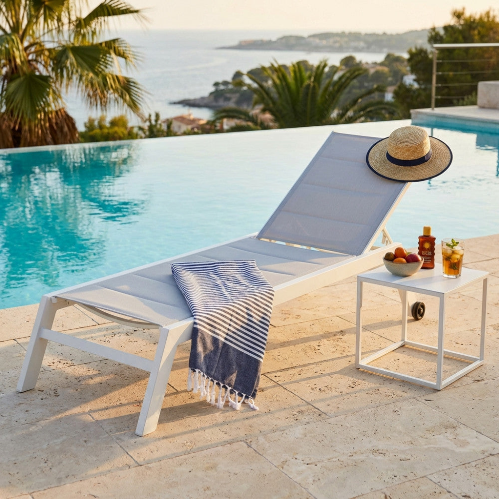 FORMENTERA LOUNGER. Aluminum frame painted WHITE, DOVE GREY, TAUPE, or ANTHRACITE. Padded Textilene in TAUPE, BLACK on anthracite. Dimensions: 198 x 61 x 34/95 cm. Garden Furniture