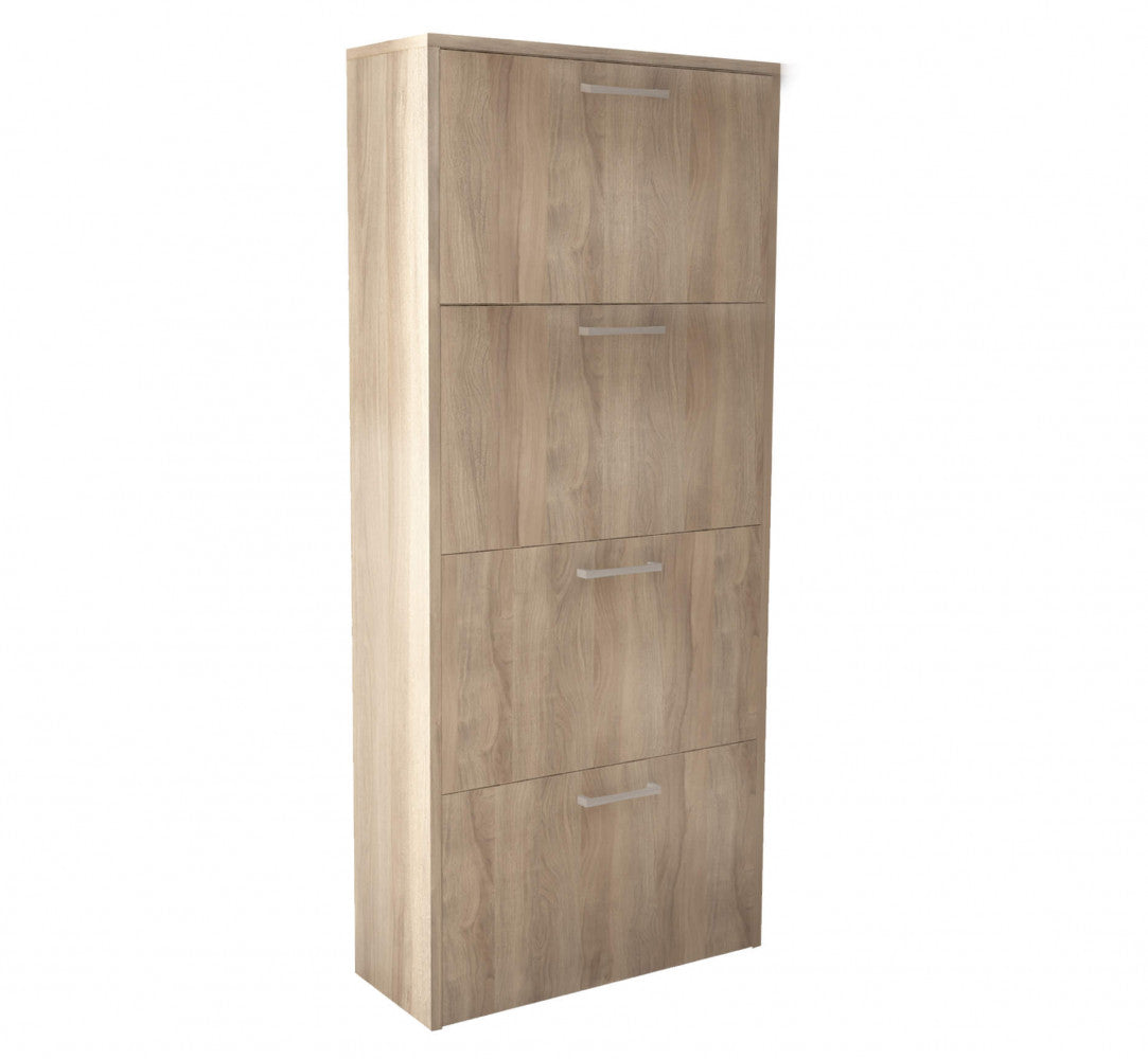 MOLLY SHOE RACK WITH 4 FLAP-DOORS IN LIGHT ELM. Shoe rack in LIGHT ELM wood, 16 mm thick. Dimensions: 59 x 25 x 140 cm.