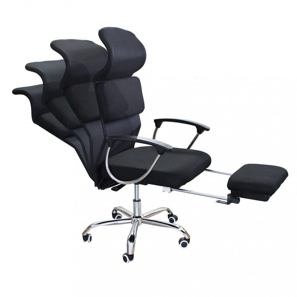 HALEY OFFICE CHAIR. Upholstered mesh office chair, chromed plastic armrests, and chromed base with casters. Dimensions: 59 x 63 x 118/128 cm h.