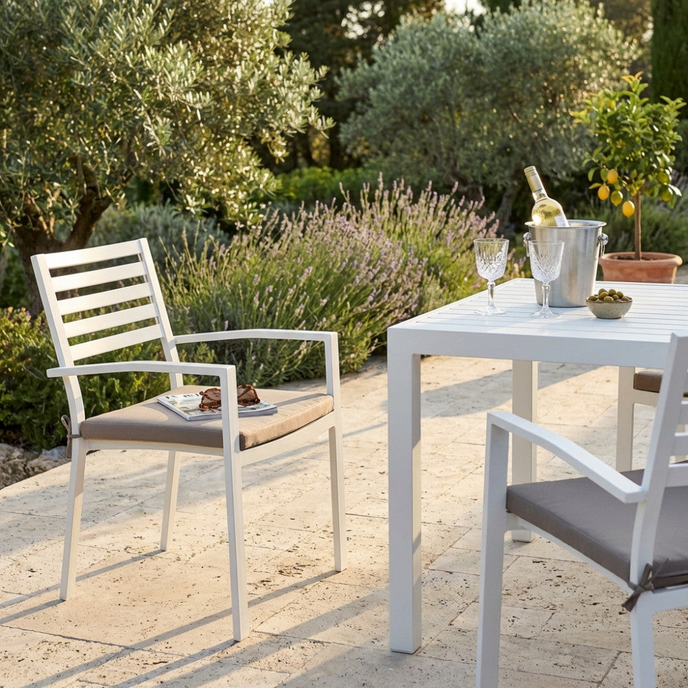 FORMENTERA ARMCHAIR WITH CUSHION. Frame and seat in WHITE, DOVE GREY, TAUPE, or ANTHRACITE aluminum with TAUPE cushion. Dimensions: 46 x 62 x 84 cm. Garden Furniture