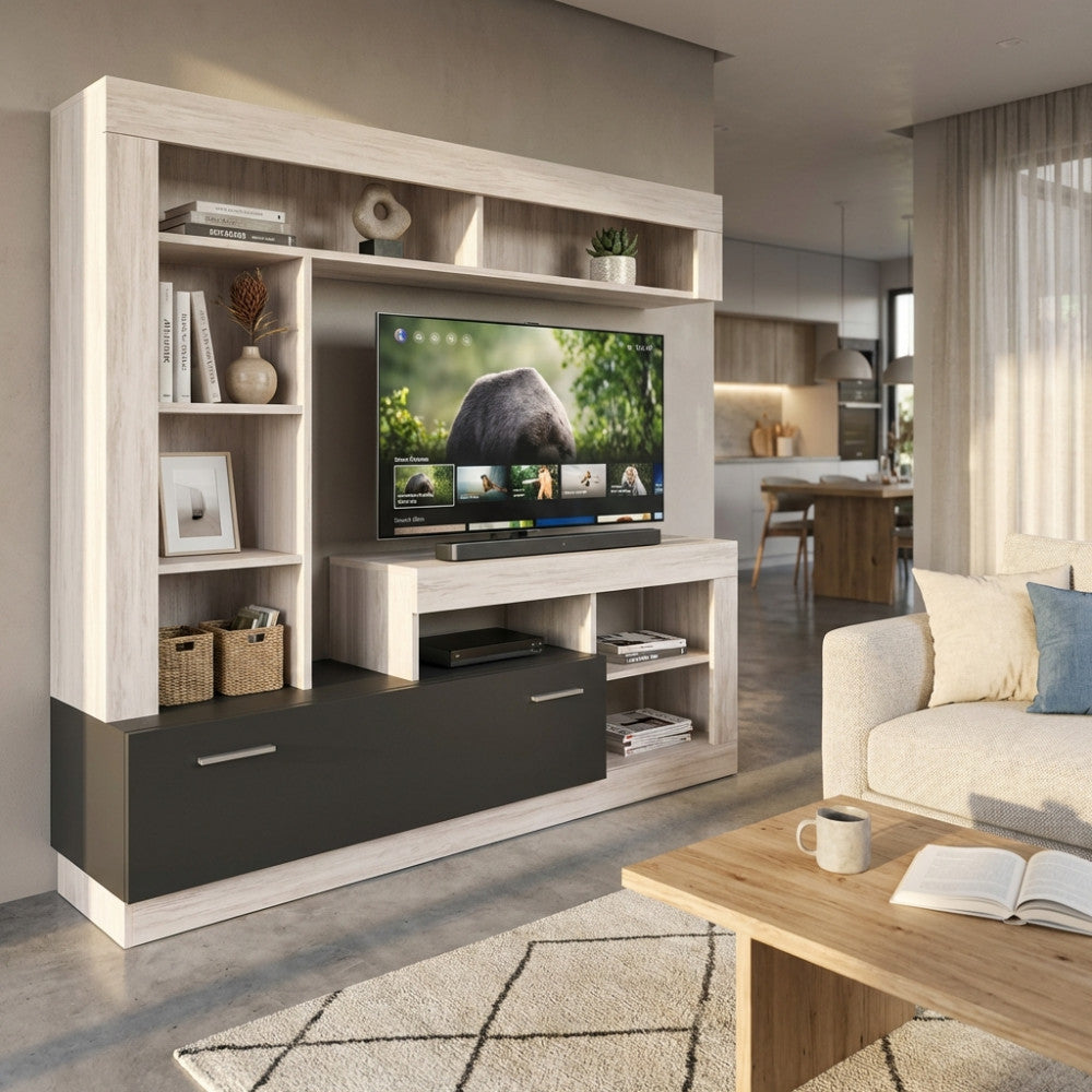 LEONARD LIVING ROOM WALL UNIT IN ANTHRACITE AND LIGHT PINE. Wall unit in ANTHRACITE and LIGHT PINE wood. Dimensions: 170 x 42 x 170 cm.