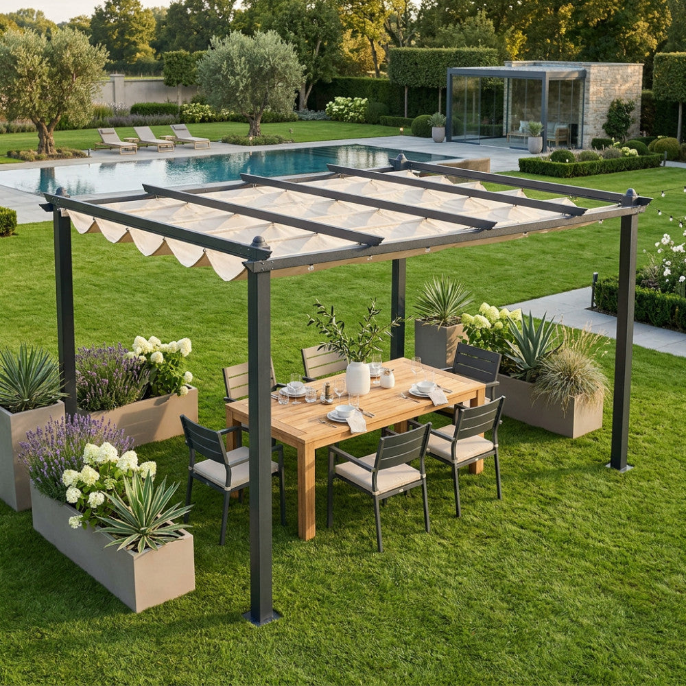 GAZEBO ASTORIA 3 X 4 ANTRACITE TELO BEIGE. Telo in poliestere ECRU 180 gr struttura in metallo ANTRACITE Dimensioni: m 3 x 4. Arredo Giardino