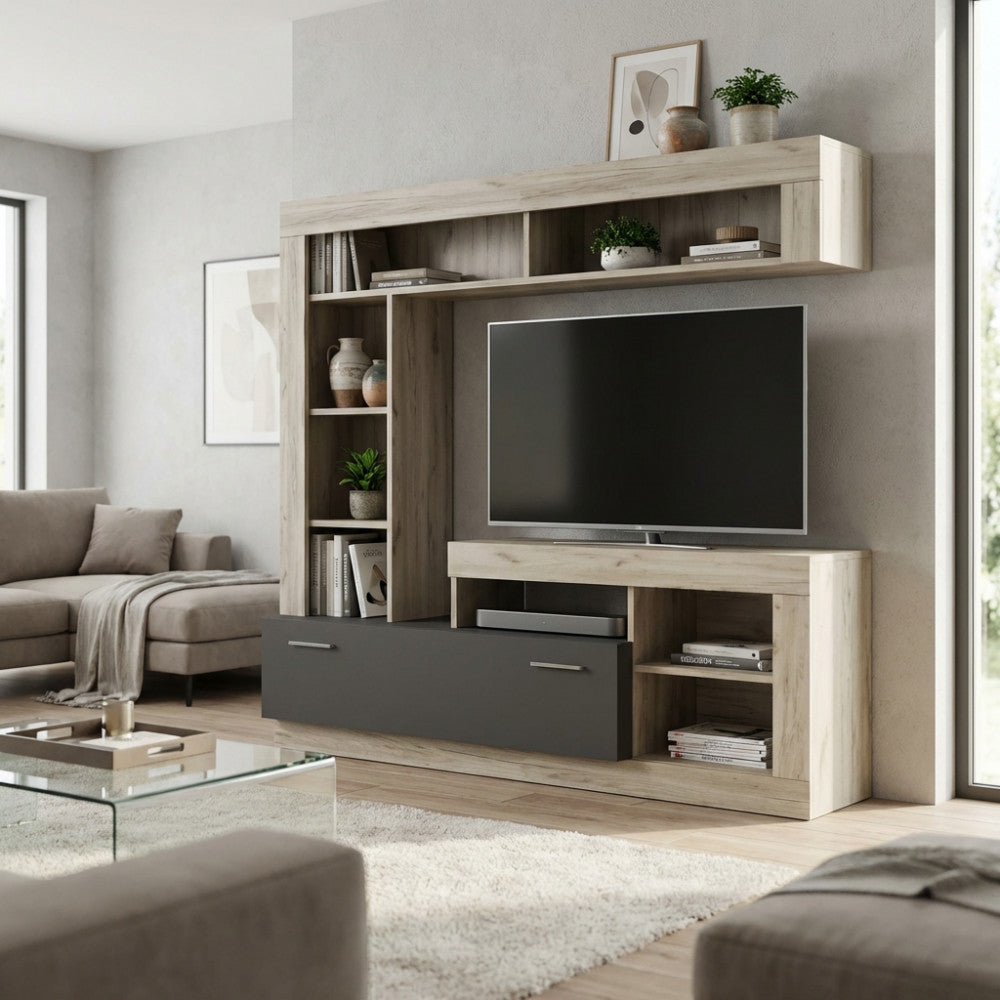 LEONARD OAK AND TAUPE LIVING ROOM WALL UNIT. Dimensions: 170 x 42 x 170 cm h.