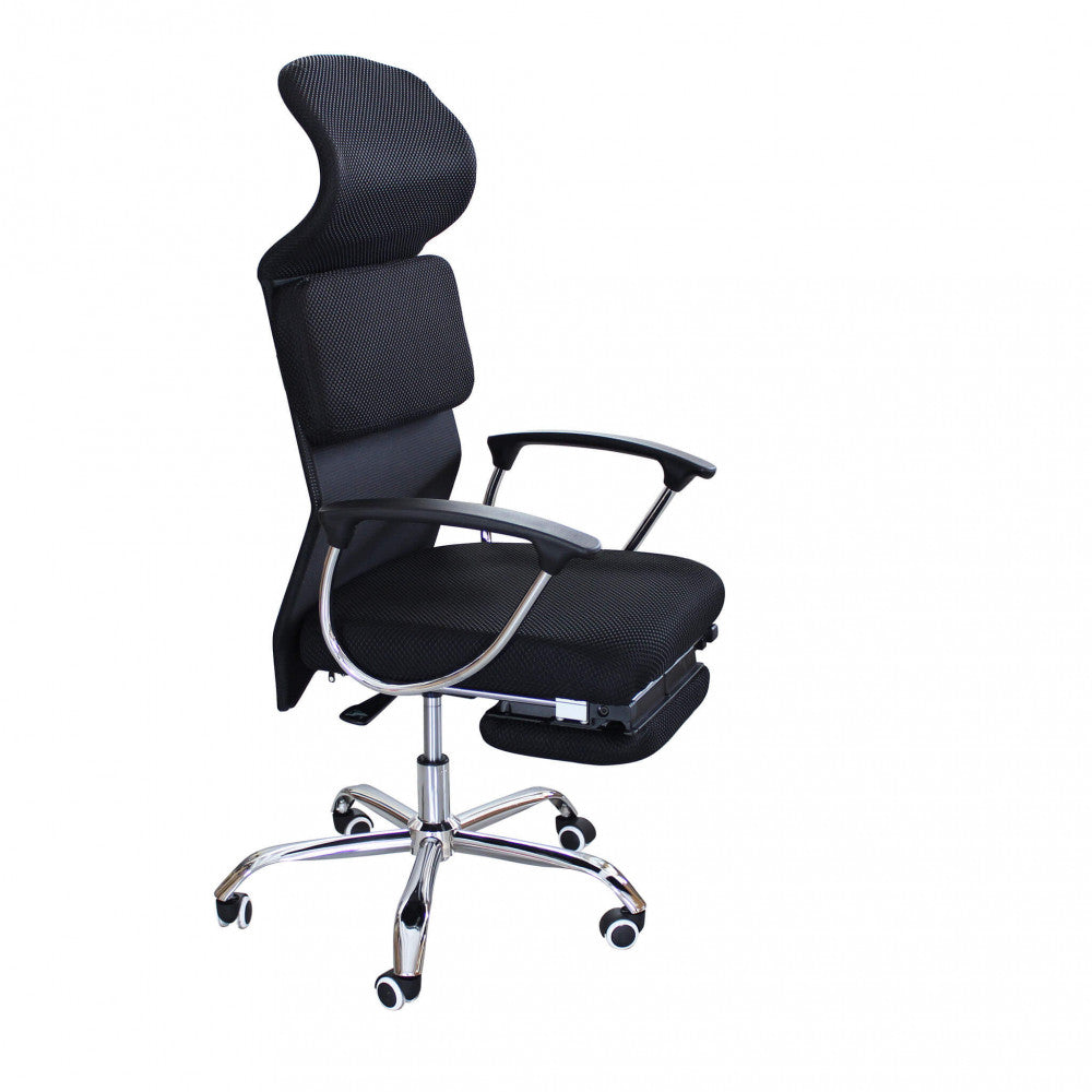HALEY OFFICE CHAIR. Upholstered mesh office chair, chromed plastic armrests, and chromed base with casters. Dimensions: 59 x 63 x 118/128 cm h.