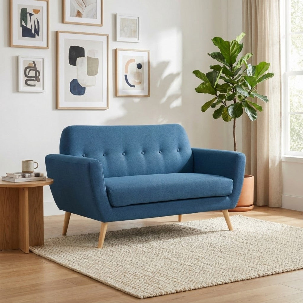 BURTON 2-SEATER SOFA. LIGHT GREY, DARK GREY or BLUE sofa with buttons and polypropylene legs. Dimensions: 147 x 79 x 86 h cm.