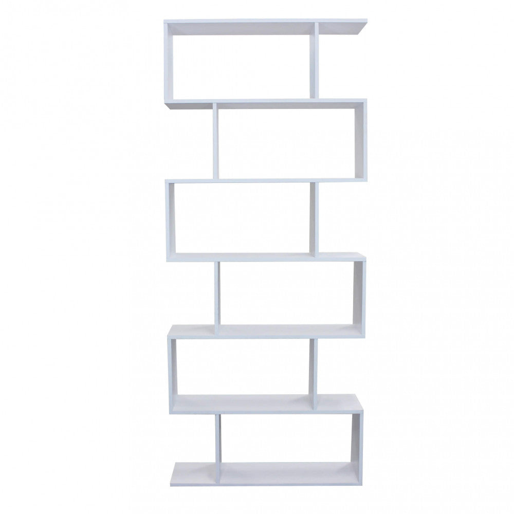 ALANA BOOKCASE, WHITE AND NATURAL. Bookcase in natural, white, or dark gray melamine with 6 shelves. Dimensions: 80 x 23.5 x 190.5 h.