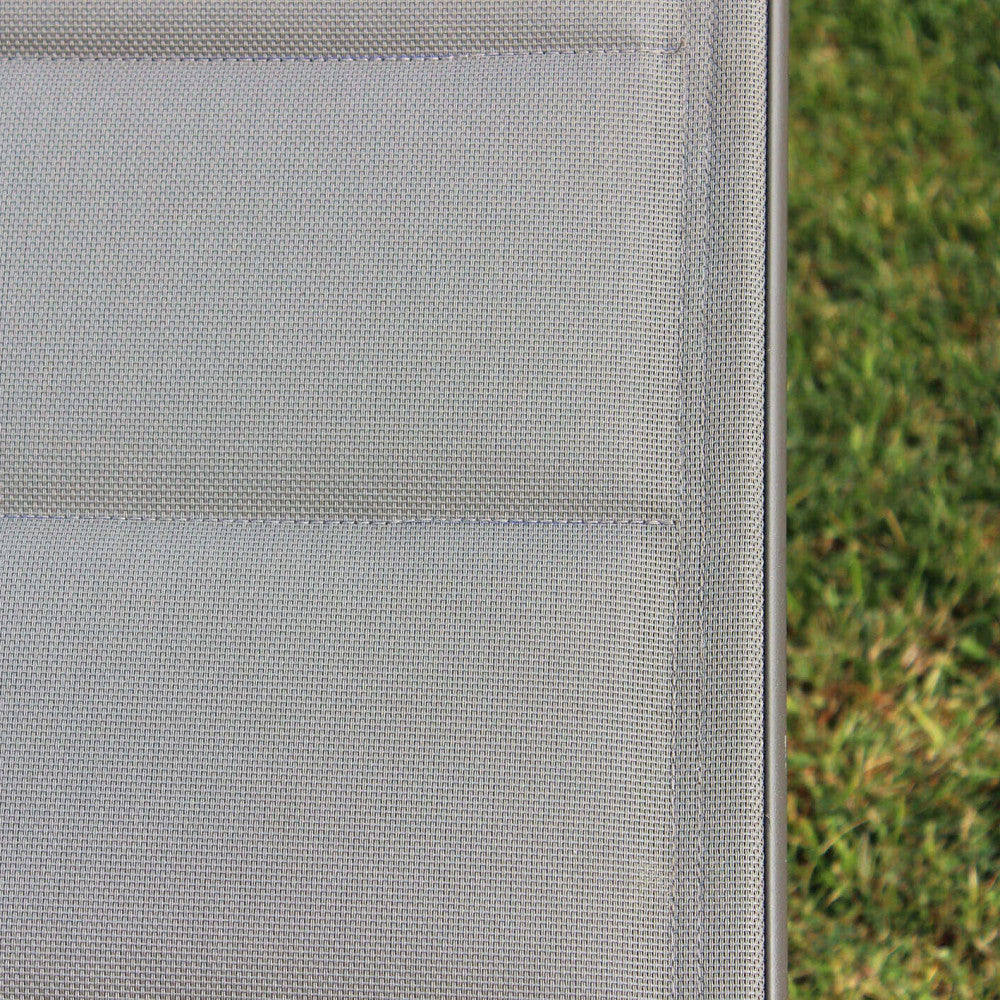 FORMENTERA LOUNGER. Aluminum frame painted WHITE, DOVE GREY, TAUPE, or ANTHRACITE. Padded Textilene in TAUPE, BLACK on anthracite. Dimensions: 198 x 61 x 34/95 cm. Garden Furniture