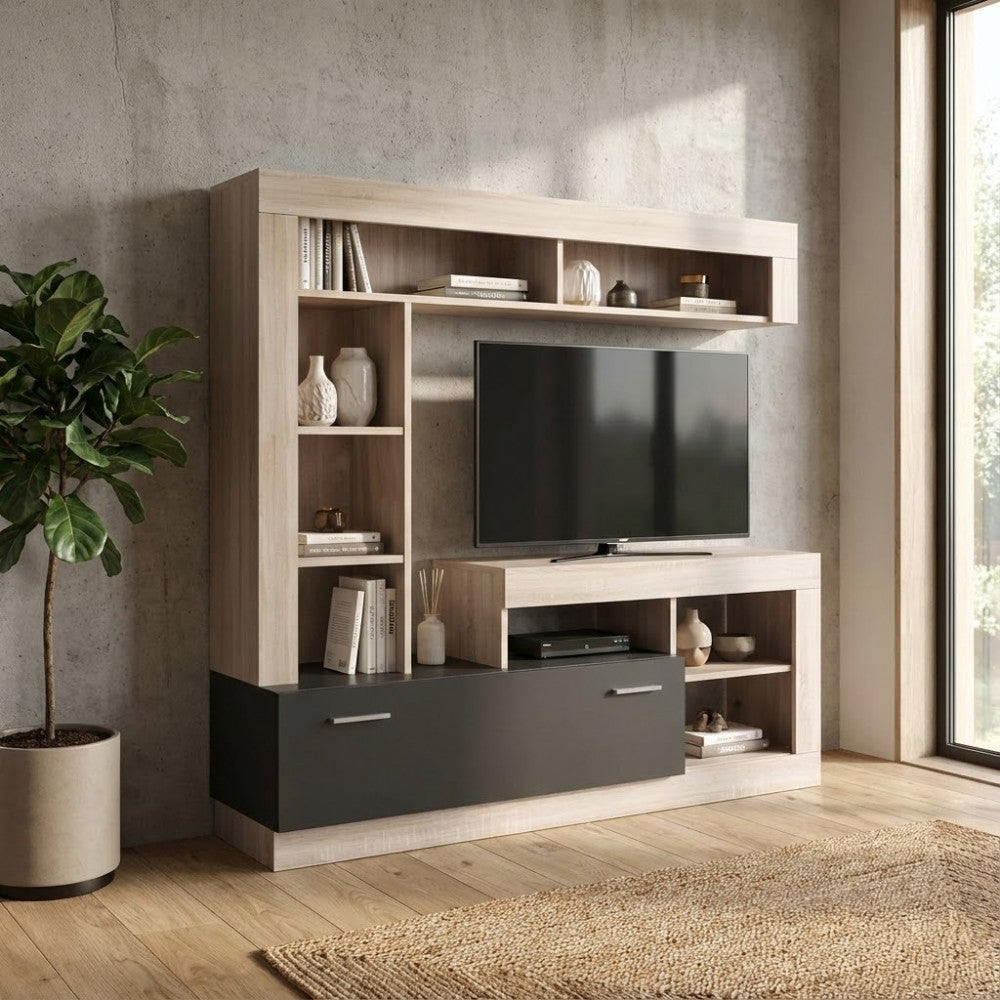 LEONARD LIVING ROOM WALL UNIT IN ANTHRACITE AND LIGHT PINE. Wall unit in ANTHRACITE and LIGHT PINE wood. Dimensions: 170 x 42 x 170 cm.