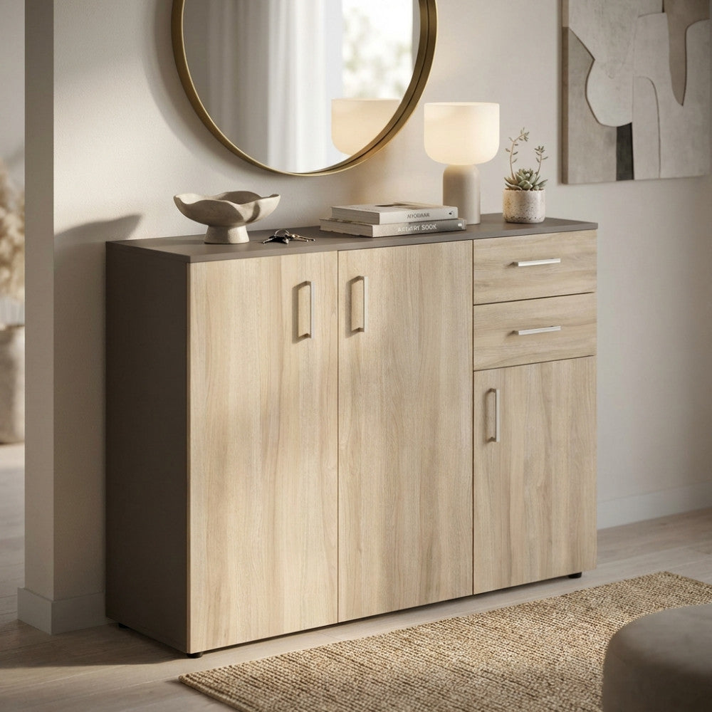 FLEXI FURNITURE IN GREY AND ELM. Dimensions: 106 x 36 x 83 cm.