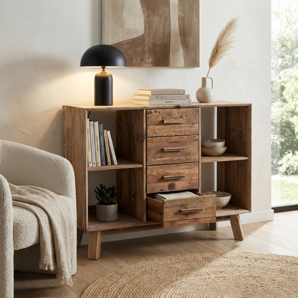 CREDENZA ADAM. Credenza con 4 cassetti e 4 ripiani in legno di pino riciclato Dimensioni: cm 120 x 40 x 90 h.