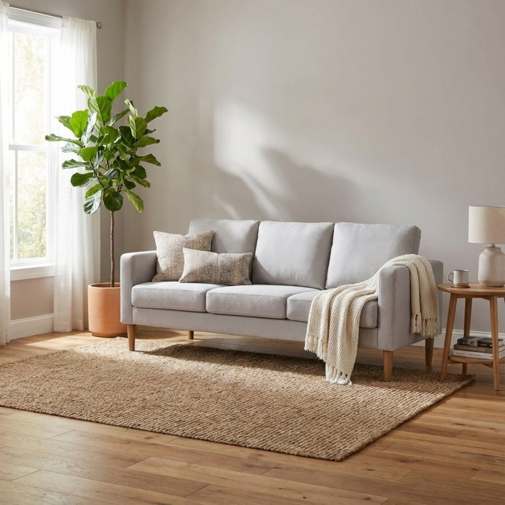 RAMSEY 3-SEATER SOFA. LIGHT GREY or DARK GREY or BLUE or BEIGE sofa with polypropylene legs. Dimensions: 180 x 73 x 82 h cm.