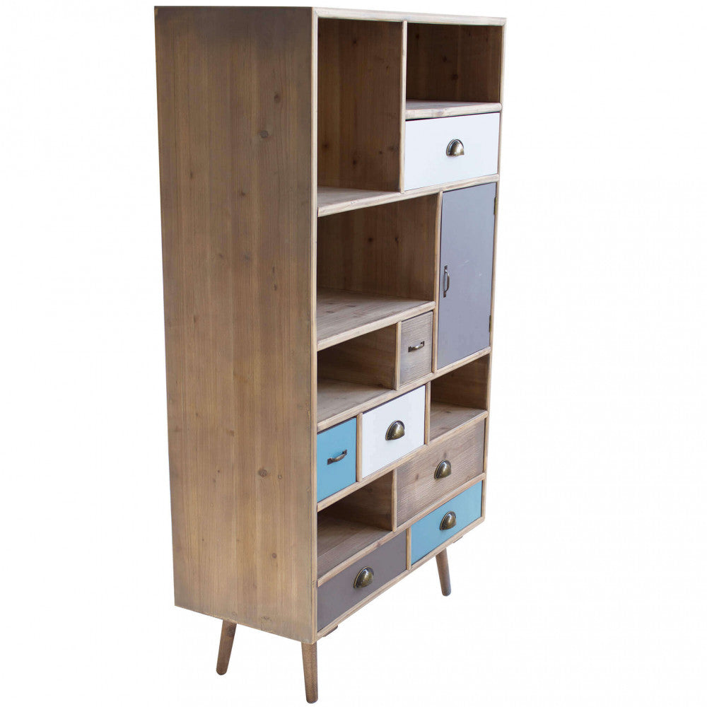 MOBILETTO PERTH. Struttura in MDF, gambe in legno di pino, top colore NATURALE 6 ripiani e 1 anta, 7 cassetti colorati Dimensioni: cm 80 x 36,5 x 139 h.