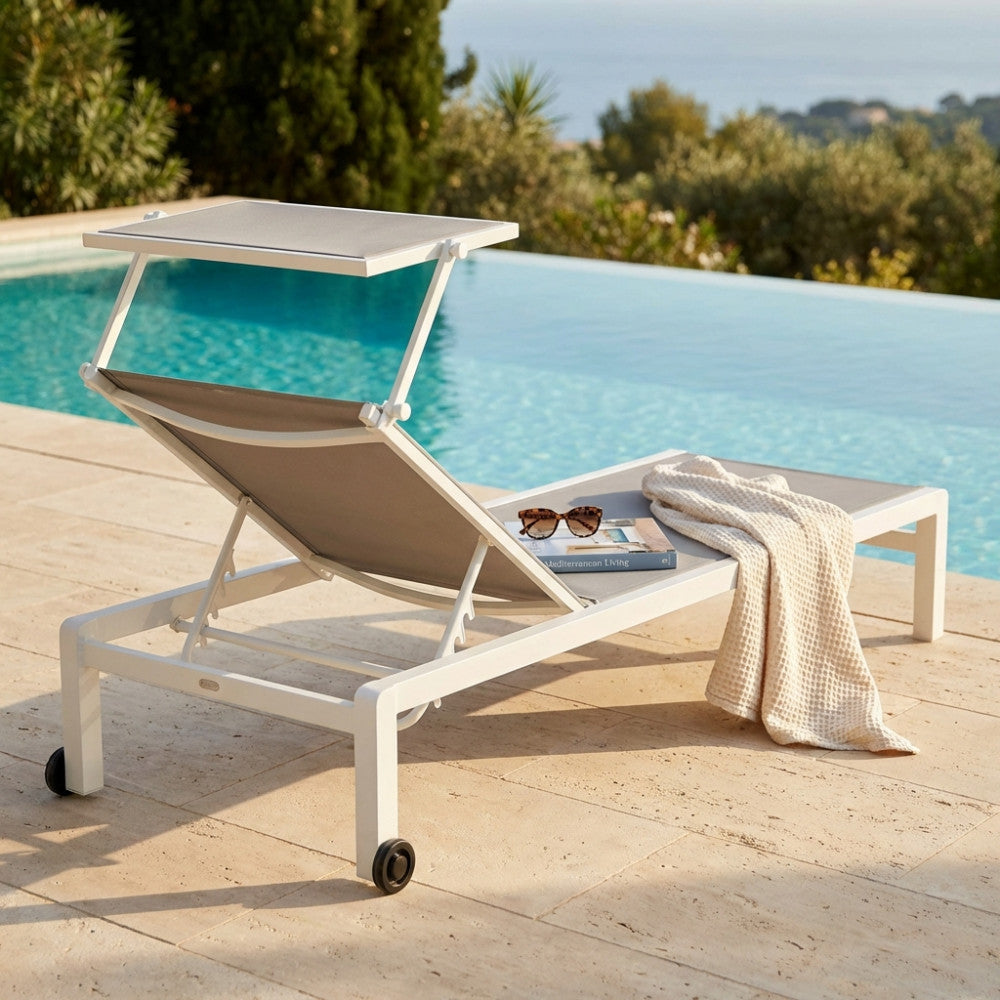LETTINO MADISON. Struttura in alluminio verniciato BIANCO o ANTRACITE o TAUPE textilene 2 x 1 con tettuccio Dimensioni: cm 195 x 78 x 32/54 h. Arredo Giardino