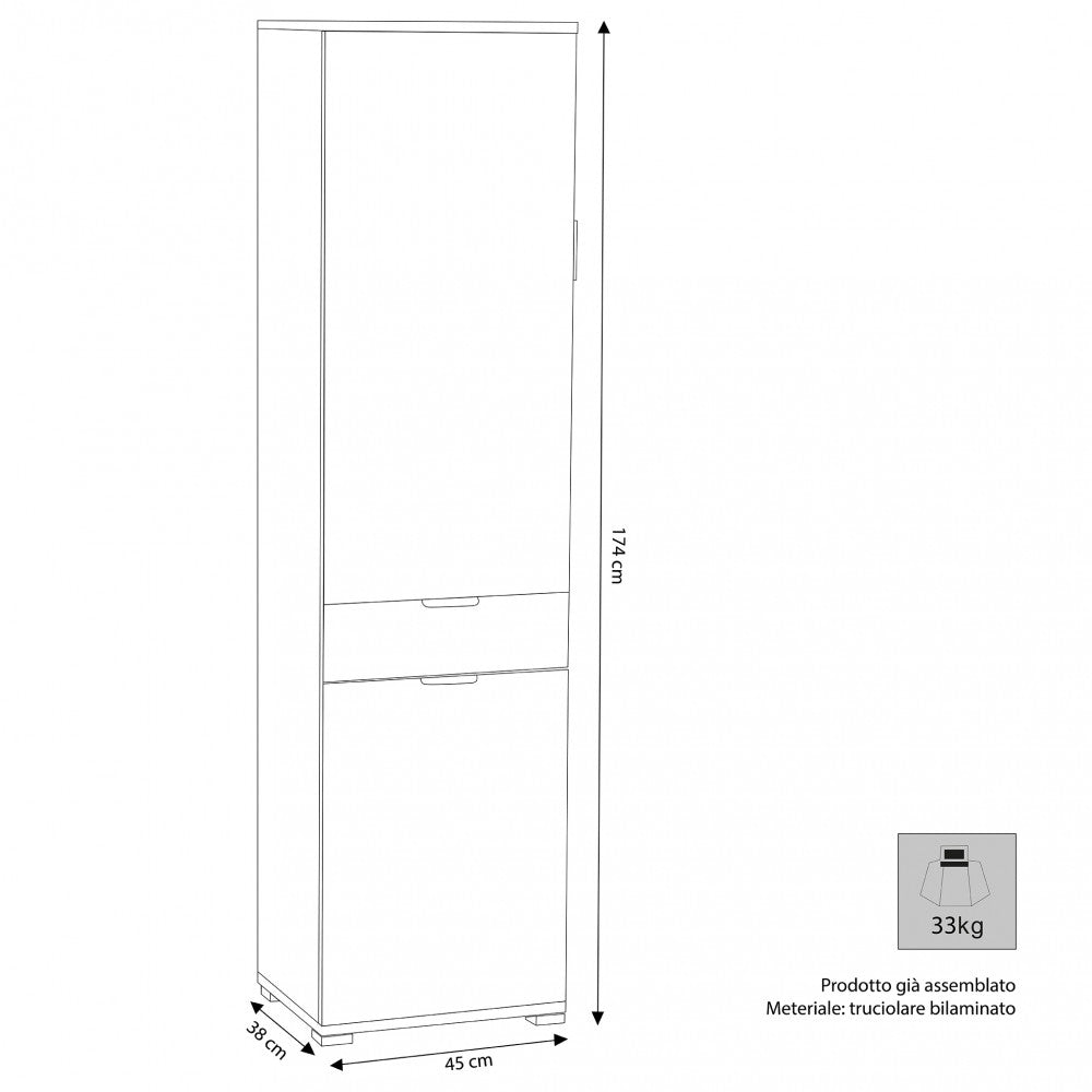 ARMADIO LIRIO CON 2 ANTE E 1 CASSETTO BIANCO. Dimensioni: cm 45 x 38 x 174 h.