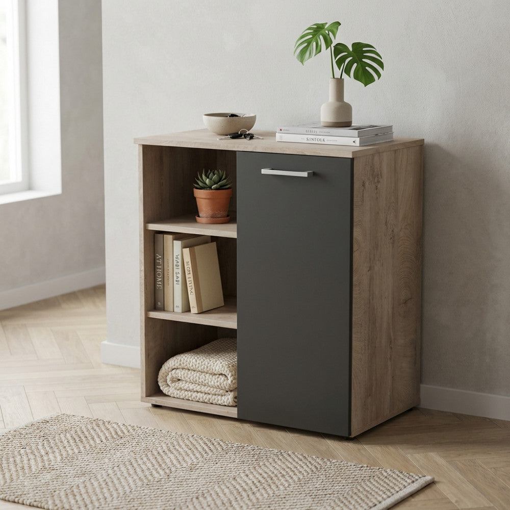 MOBILETTO 1 ANTA E 3 MENSOLE MARK ROVERE CHIARO E ANTRACITE. Dimensioni: cm 68 x 35 x 87 h.